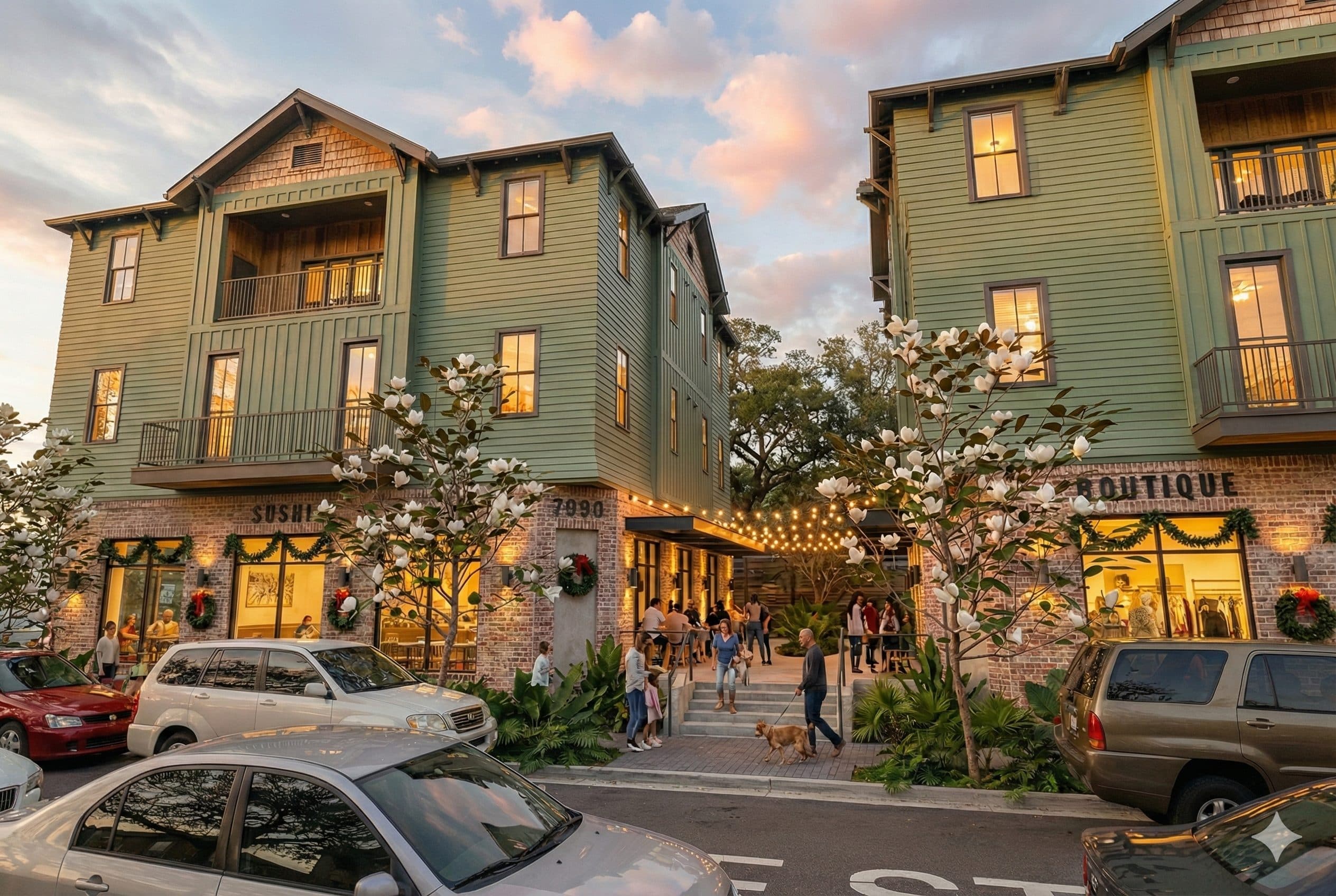 Rendering of the Campus Rentals Plaza courtyard entrance with string lights between the two buildings
