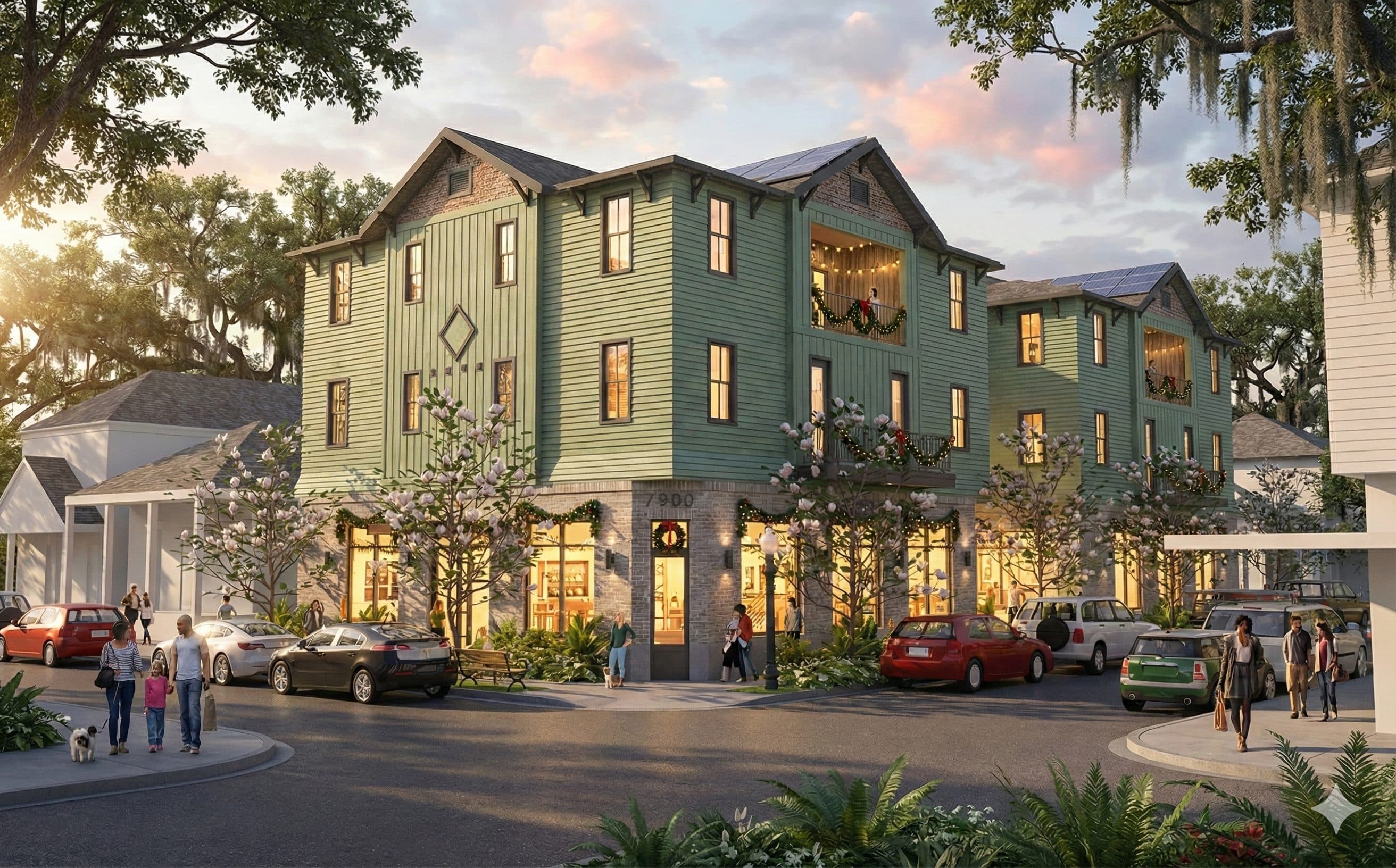 Campus Rentals Plaza — rendering of the corner of the development at 7900 Maple Street
